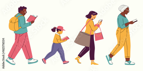 Diverse Group Engaging in Digital and Literary Activities Illustration Featuring Individuals Reading Books Using Phones and Carrying Bags