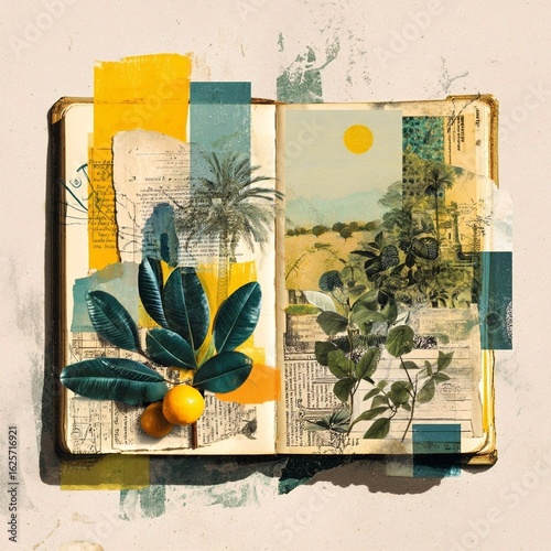 A collage art of a travel journal with ethnic motifs