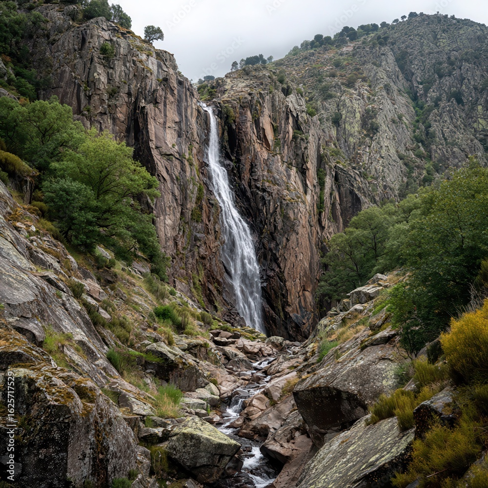Obraz premium Thin Waterfall Cascading Down a Cliff Face.