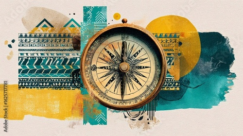 A collage art of a vintage compass with tribal patterns