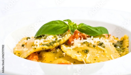Close-up of Ravioli with Pesto, Tomatoes, and Basil in a White Bowl