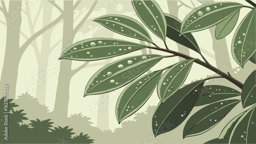 Vector illustration of green leaves with water droplets in a forest nature background design art, 96 chars