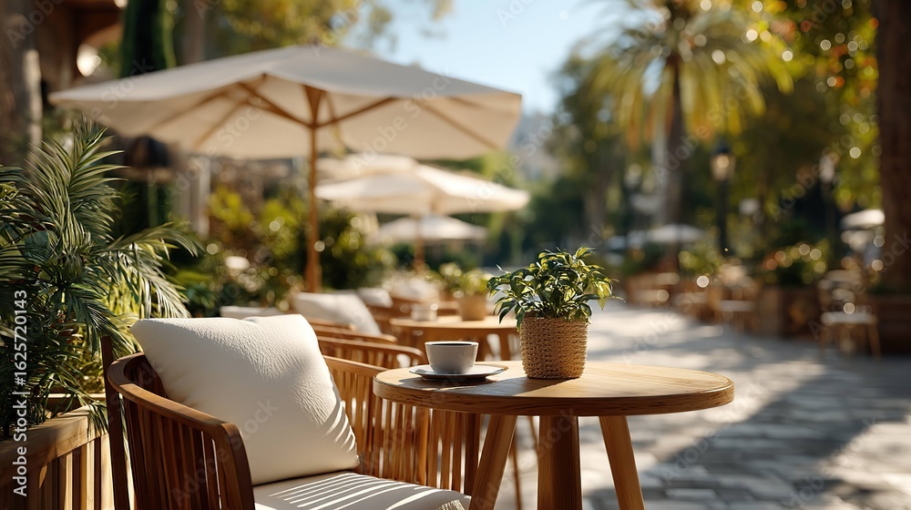 Obraz premium Outdoor cafe seating under umbrellas