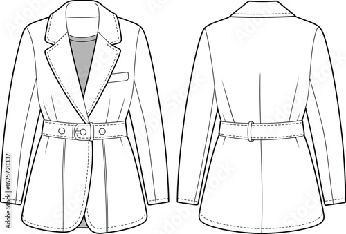 Fashion flat sketch of belted blazer jacket with notch collar, long sleeves, front pocket, tailored fit, cad drawing