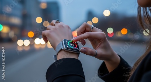 A person's hand with a smartwatch, interacting with the touchscreen display against a blurred city street at dusk.