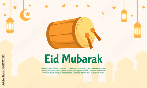 Eid Mubarak greeting card with flat traditional bedug drum ,suitable for social media post template, banner