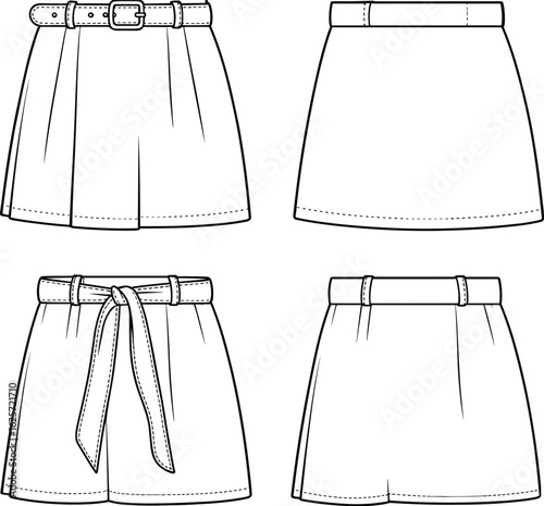 High waist pleated skirt and short set, with belt detail, fashion CAD flat sketch, vector template, technical drawing