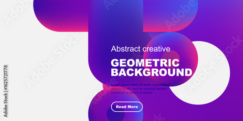 Modern design features vibrant overlapping shapes, text, button. Black background enhances colorful geometric elements. Simple, clean aesthetic.