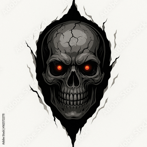 Skull with Glowing Eyes and Cracked Cranium Emerging from Torn Background in Dark Vector Style