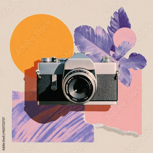 A collage art of a vintage camera with 80s patterns