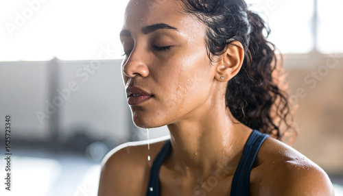 Close-up of a tired athletic woman with sweat on her face resting after an intense workout in the gym.