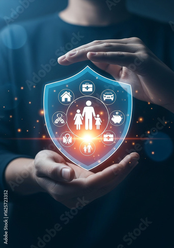Hands protecting a shield of family and life icons
