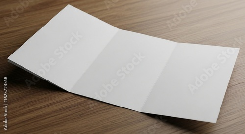 Blank white tri-fold brochure or leaflet unfolded on a wooden desk, ready for custom design.