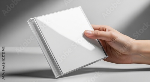 A human hand gently holds and presents a clear blank CD jewel case with a white paper insert against a clean, minimalist grey studio backdrop, ready for design customization.