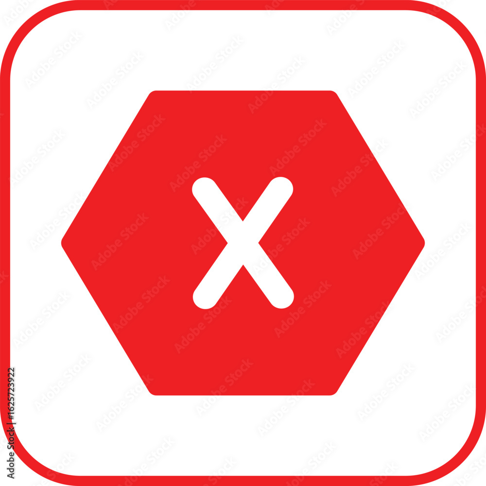 Fototapeta premium This red hexagon icon with a white X is perfect for indicating form errors, rejection states, or close actions in apps, web tools, or UI dashboards.