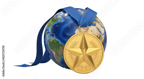 Earth Globe with Medal and Ribbon in Gold and Blue Colors for Global Achievement or Recognition