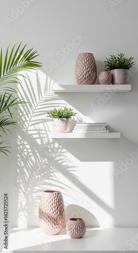 Modern shelves displaying pink textured planters and green plants