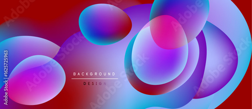 Abstract vibrant circles overlap, creating fluid shapes. Red background complements blue, pink gradients. Modern design element.