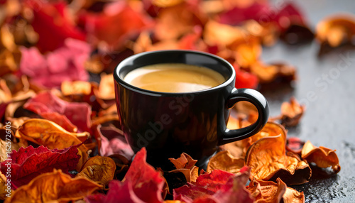 Autumnal coffee cup with dried rose petals
