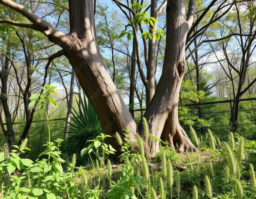 Obraz premium A close-up view of tree trunks and undergrowth