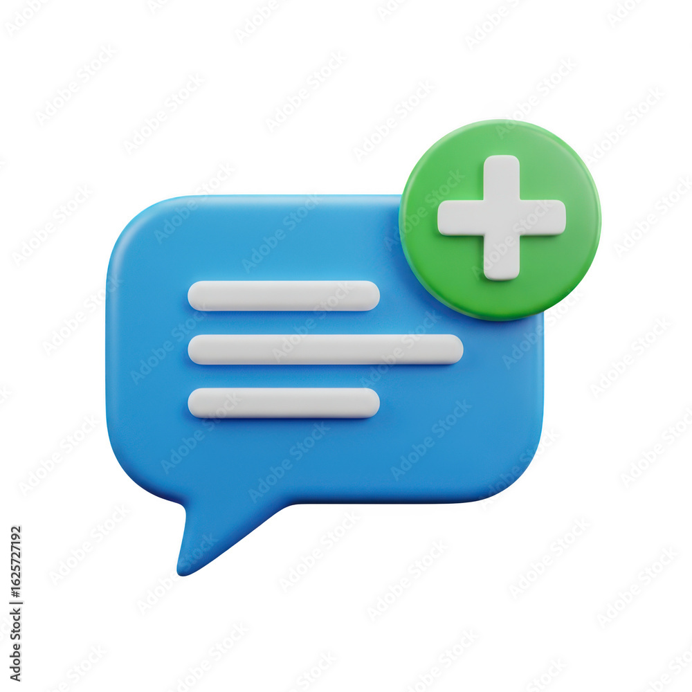 Obraz premium 3d icon of 3d chat message icon with a green plus sign, isolated on transparent background