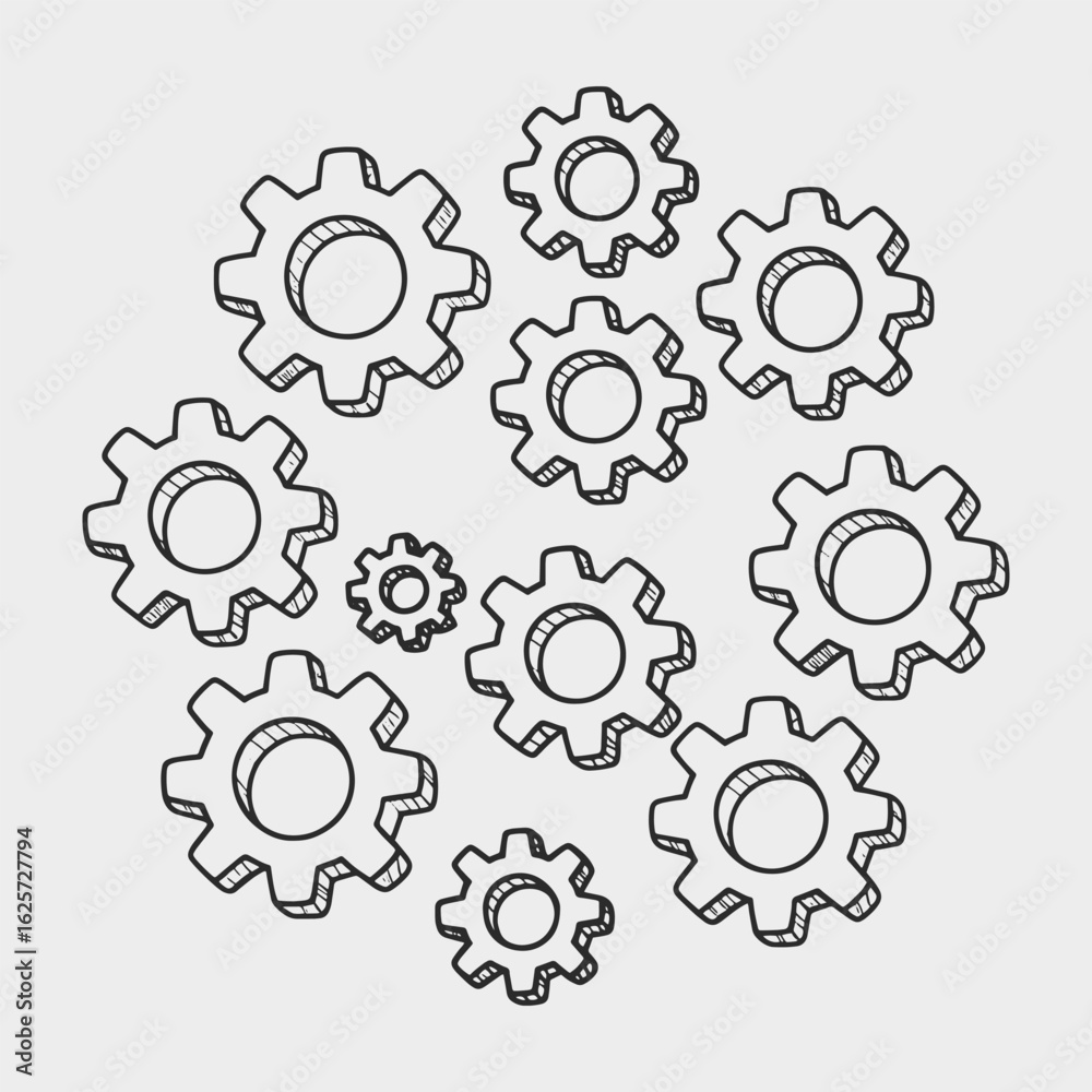 A set of black gear icons. The drawing depicts a circle with numerous gears inside it. A set of black gear icons. The drawing depicts a circle with numerous gears inside it.