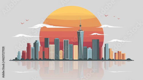 A stylized, colorful cityscape silhouette with various modern buildings reflecting in water under a warm, setting sun and a few scattered clouds and birds