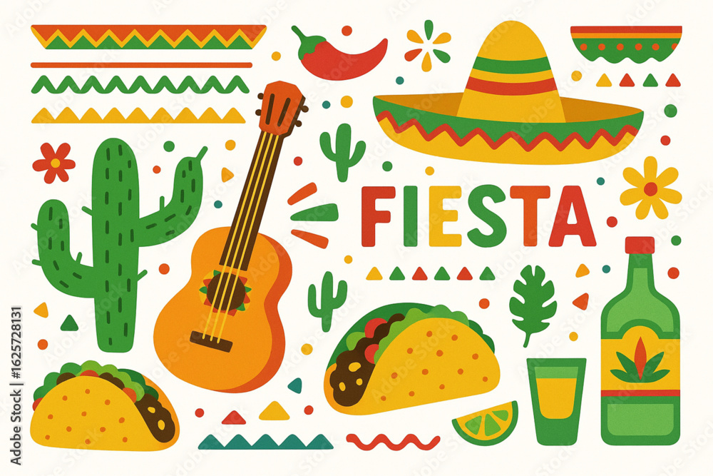 Fototapeta premium Colorful Mexican Fiesta Cartoon Icons Vector with Cactus, Taco, Sombrero, and Guitar