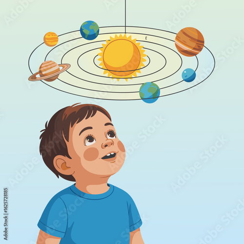 A curious young boy gazes up in wonder at a colorful hanging mobile of the solar system.