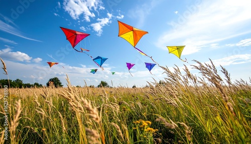Colorful Kites Soaring Above a Field of Tall Grass on a Sunny Day