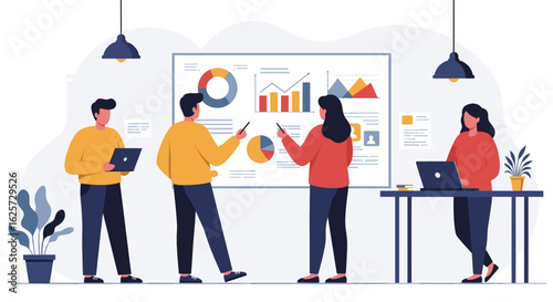 Vector Illustration of Business Meeting with People Presenting Charts in Modern Style