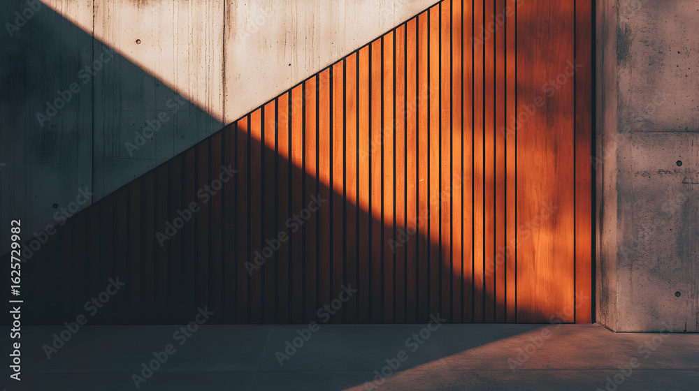 Fototapeta premium Abstract composition with wood panels concrete walls and light shadows.