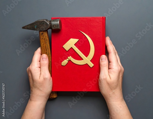 Red book with hammer, and sickle symbol.