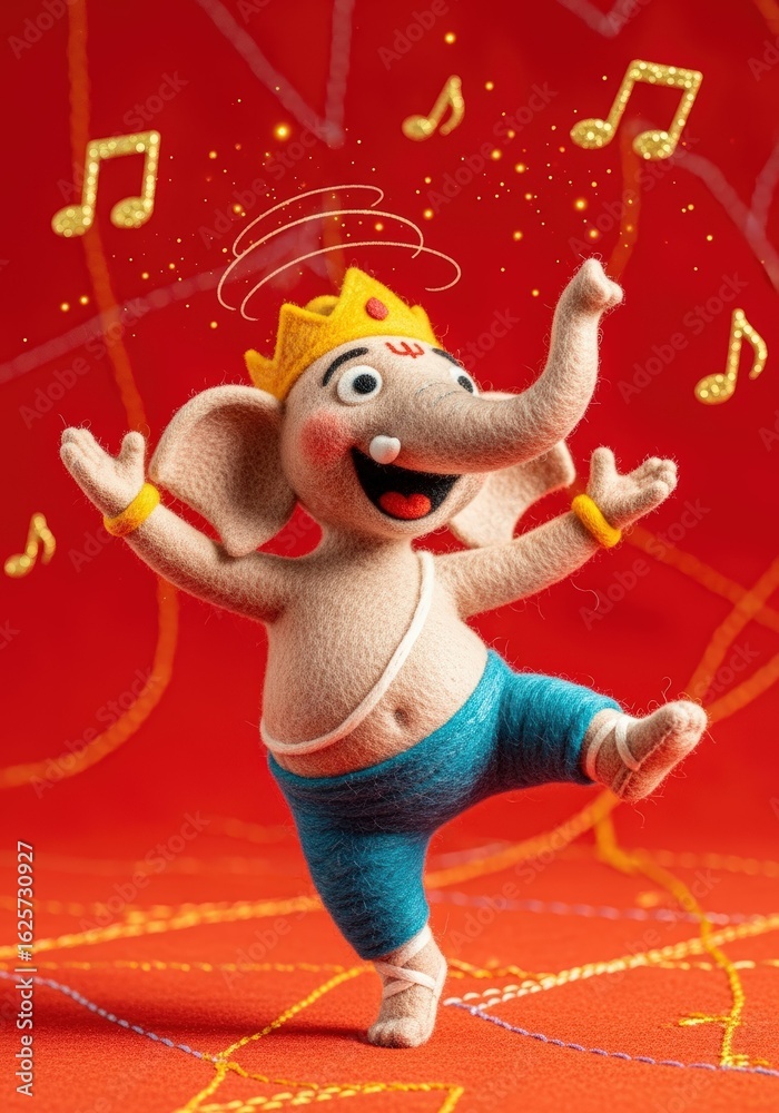 Naklejka premium A cheerful elephant puppet with a crown dances joyfully amidst musical notes in a vibrant festive scene