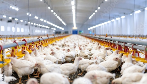 Dense poultry farm interior with rows of white chickens under bright artificial lighting