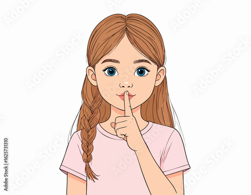 a girl with her right index finger gently touching her lips in a 