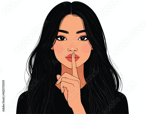 a girl with straight black hair, with her right index finger gently touching her lips in a "silencing" gesture, indicating a sense of secrecy or quietness.
