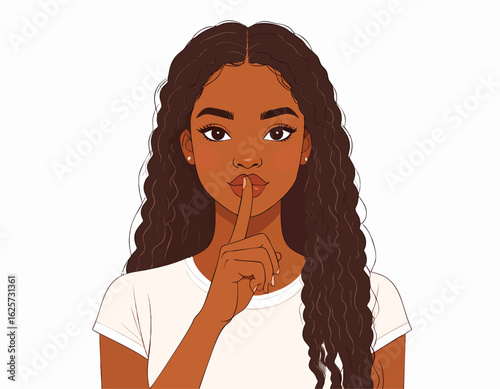 a girl with brown skin and curly hair, with her right index finger gently touching her lips in a "shushing" gesture, indicating a sense of secrecy or quietness.