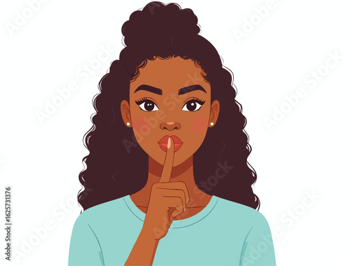 a girl with brown skin and curly black hair, with her right index finger touching her lips gently in a "hushing" gesture,