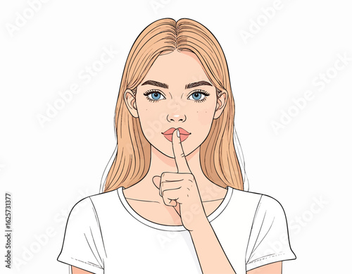 a girl with white skin and blonde hair, with her right index finger gently touching her lips in a "silencing" gesture,