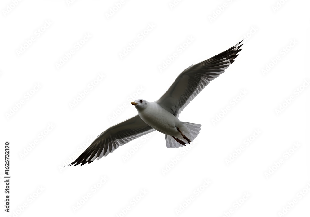 Fototapeta premium Elegant seagull soars against a pristine white backdrop, wings spread
