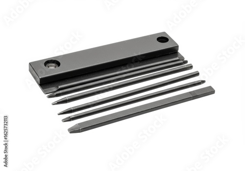 Close-up of precision pin punches with storage block against white backdrop