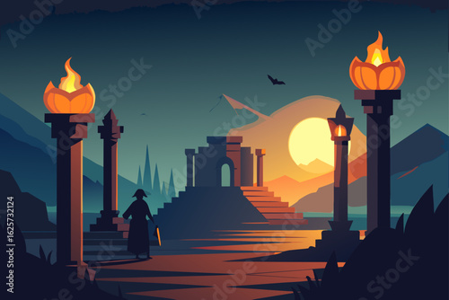 Mysterious figure approaches ancient ruins under a fiery sunset with torchlight