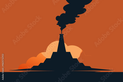 Industrial silhouette with smokestack against an orange sky and clouds