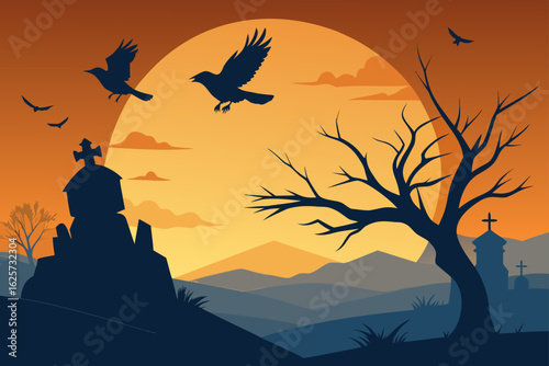 Silhouetted crows fly over a spooky halloween landscape with a graveyard and bare tree