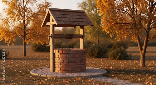 An old-fashioned brick wishing well with a wooden roof and crank, surrounded by fallen autumn leaves and trees, evoking a sense of rustic charm and nostalgic memories of simpler times