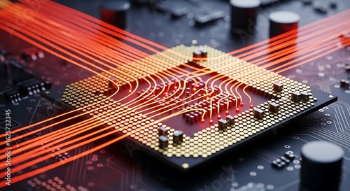 Illuminated CPU Chip with Glowing Data Lines Futuristic Technology Concept.