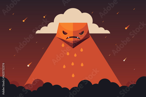 Fierce cartoon volcano monster with angry face erupting lava and falling meteorites
