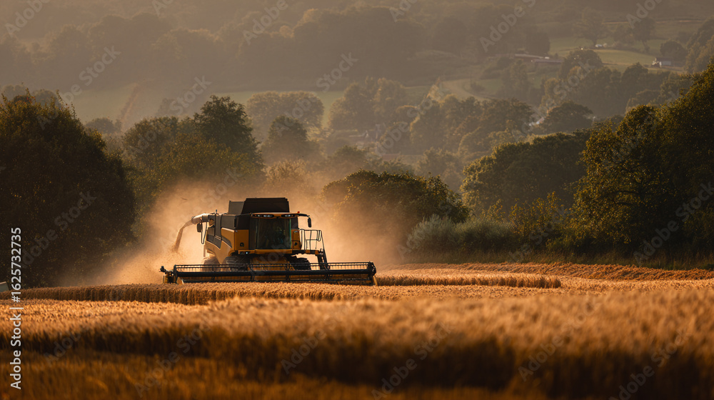 Fototapeta premium A combine harvester working in a field of wheat at sunset with trees behind it