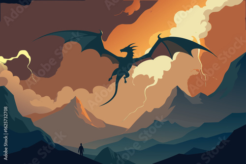 Majestic dragon soars through stormy skies above a lone figure and mountainous landscape